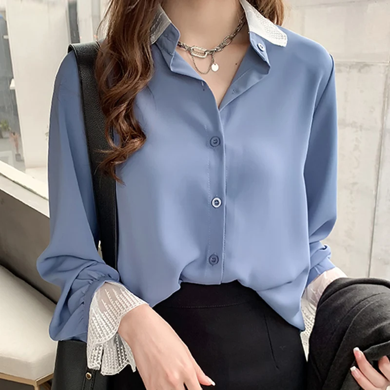 

Модные женские блузки 2021, офисная блузка с отложным воротником, женские топы, блузка с длинным рукавом, женская шифоновая блузка, рубашка, од...