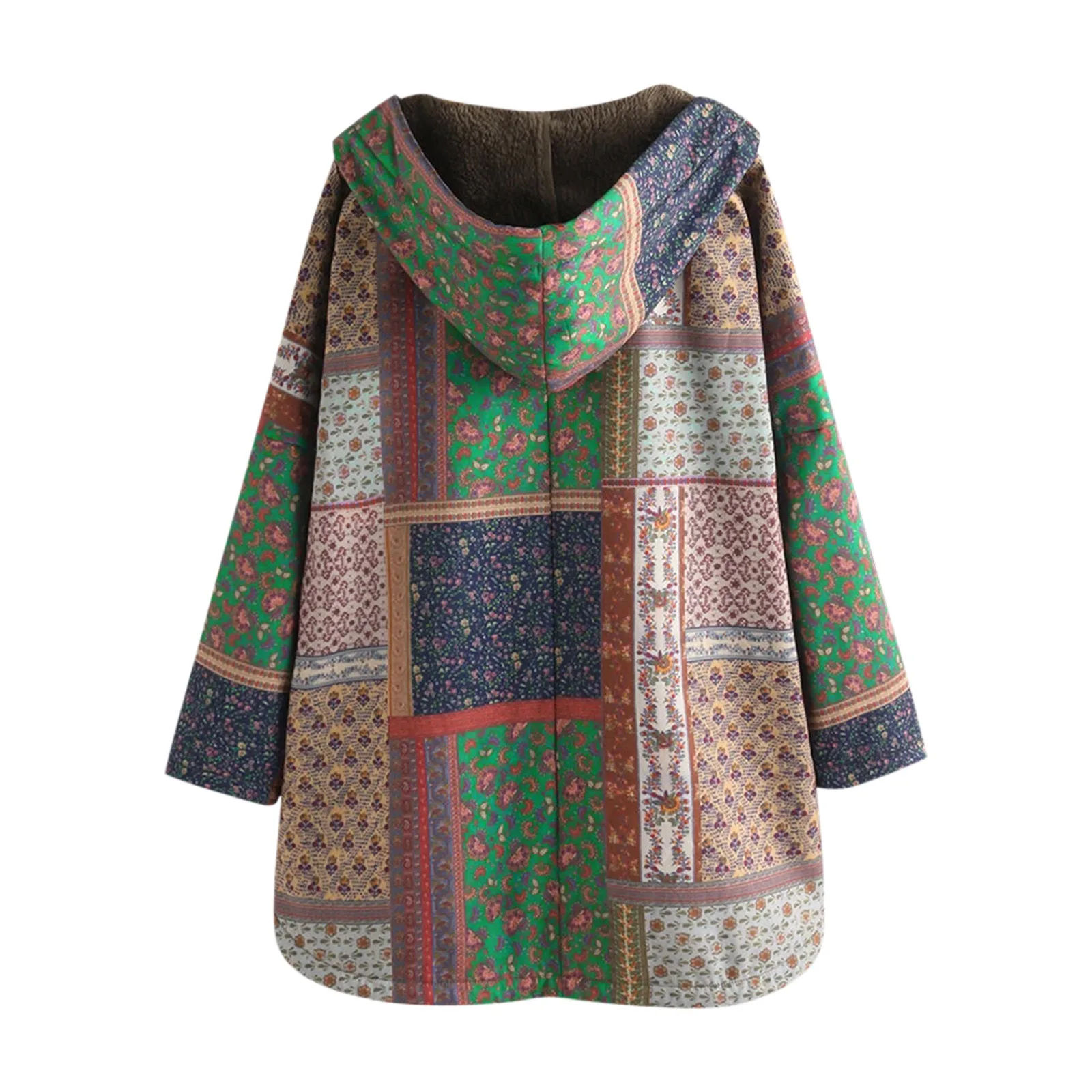 Winter Women Parka Coats Ladies Warm Outwear Ethnic Print Hooded Pockets Vintage Oversize Fleece Coats Outwear Jacket Plus Size