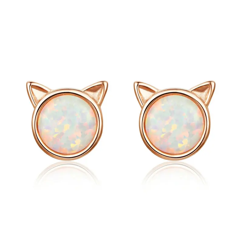 Rose Gold Cat BAMOER, Новое поступление, 925 пробы, серебряные, милые кошачьи уши, большой камень, маленькие серьги-гвоздики для женщин, модные серьги, ювелирное изделие, SCE538 - Окраска металла: Rose Gold Cat