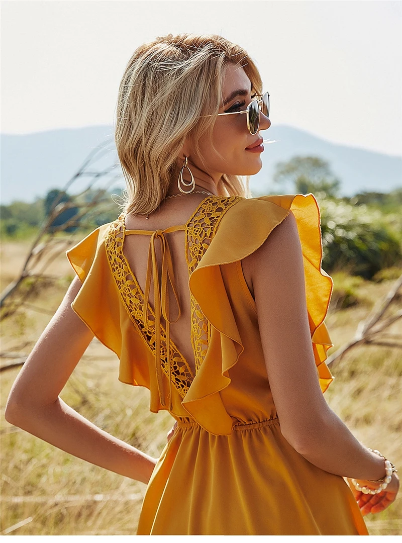 

Spring Backless Hollow Out Solid Dress Women Casual Ruffles Lace Up High Waist Short Dress for Women 2021 New Sweet Summer Dress