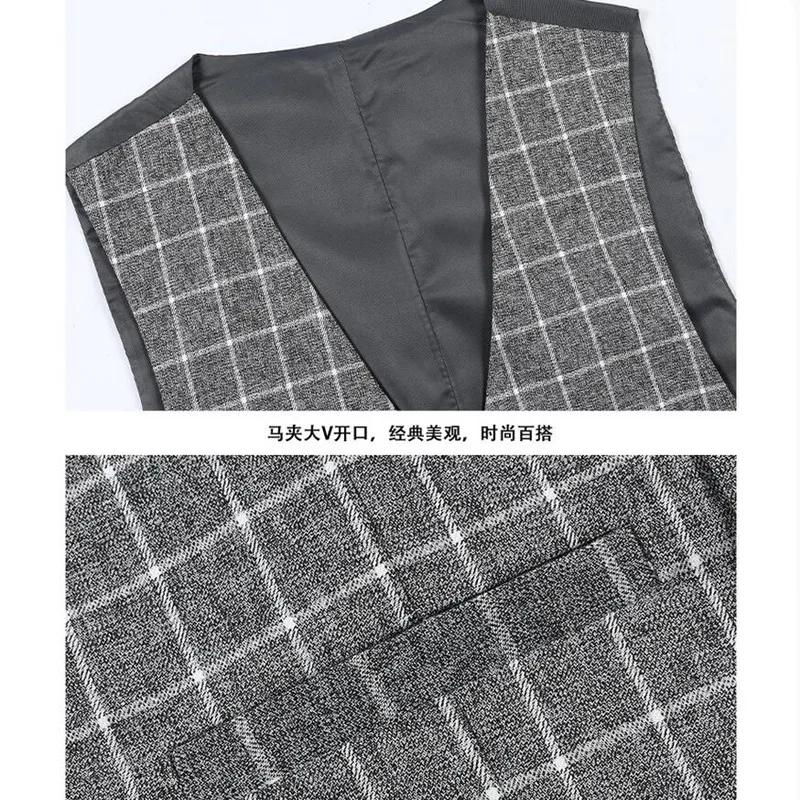 

(Jackets+Vest+Pants) Tuxedo Male pure cotton plaid business Blazers/Men's slim three-piece suit/Man groom dress Gray blue 3XL