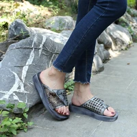 womens handmade retro leather clip toe slippers female flip flops lady casual slides greycoffee