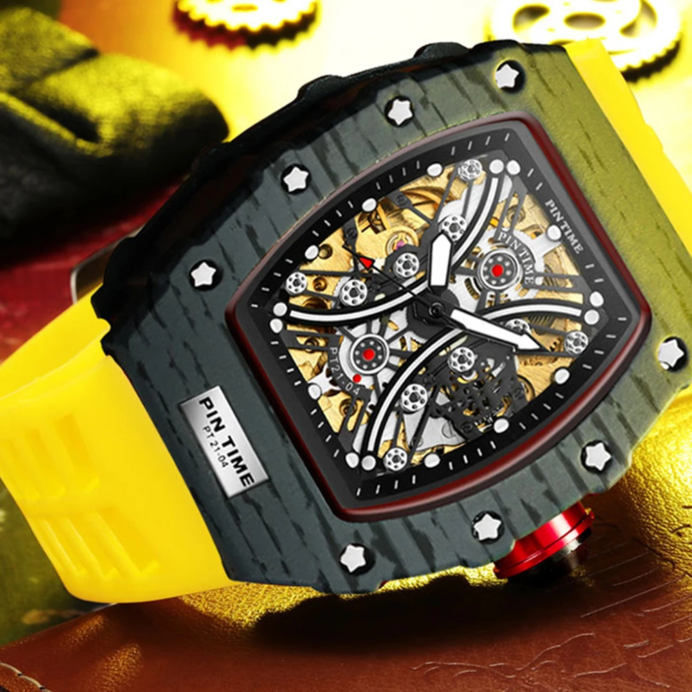 

Top Brand Hollow Mens Watches Tonneau Full Steel Automatic Mechanical Male Watch Waterproof Dive Business Tourbillon AAA Clocks