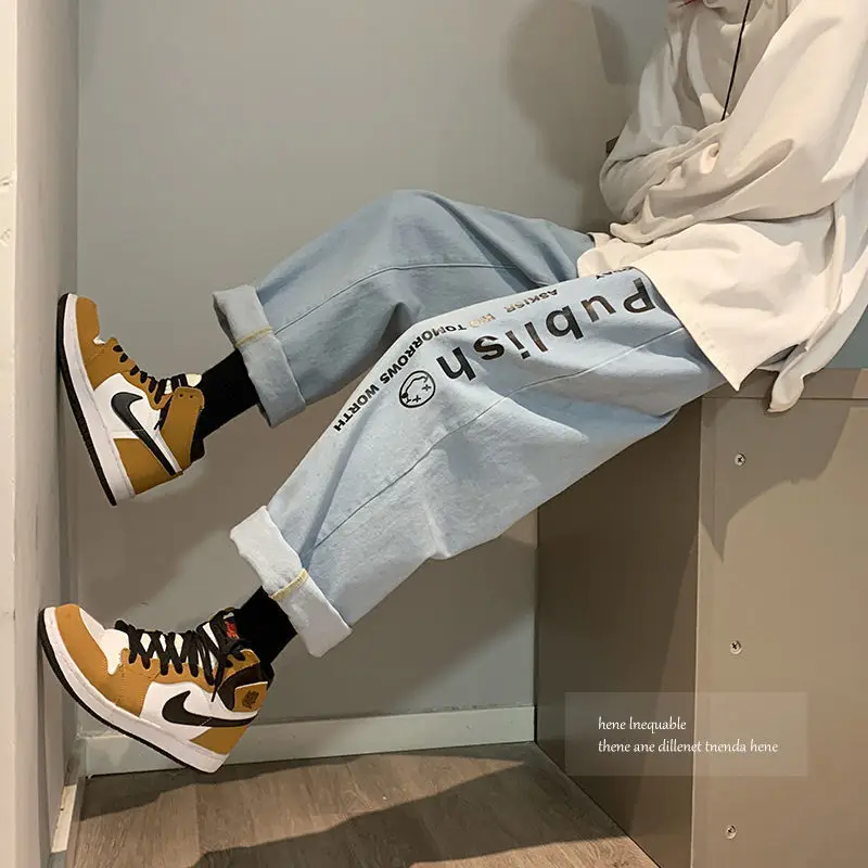 

Jeans men's fashion brand Korean straight tube loose spring high end printed pants casual wide leg net red harbor style pants