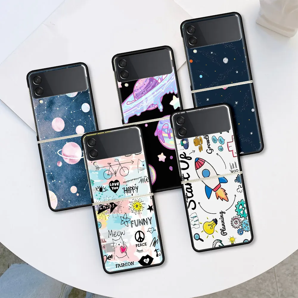 

Cell Phone Housing For Samsung Galaxy Z Flip 3 5G Case Universe Stars Moon Shell Luxury Cover ZFlip Black Hard PC Coque Bumper
