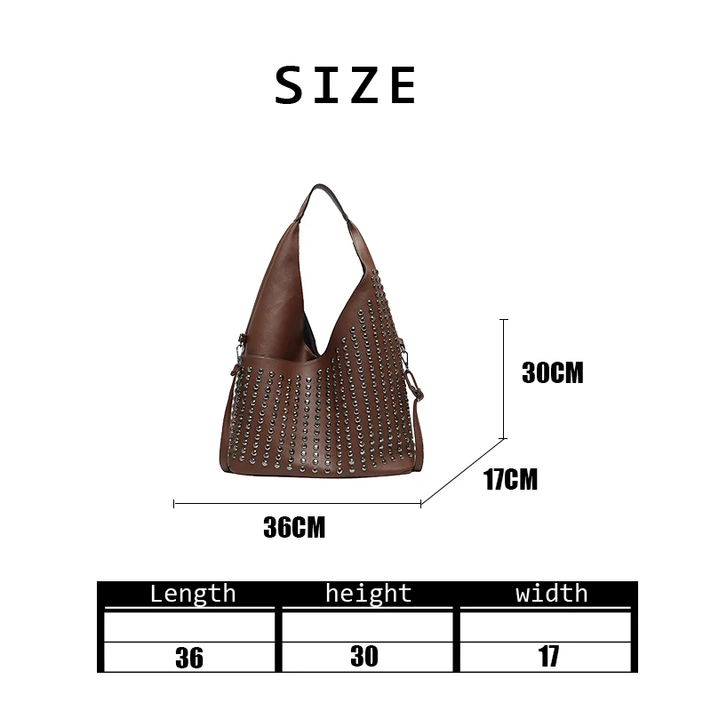 

Autumn Winter Women Rivet Large Capacity Tote Bag Ladies Fashion Casual Vintage Versatile Soft PU Leather Shoulder Bag Handbag