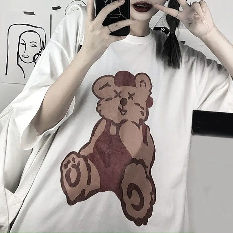 

Bear Print Graphic T Shirts Women 2021 Harajuku Alt Clothes Aesthetic Casual Summer Tee Shirt MINGLIUSILI Streetwear Top Female
