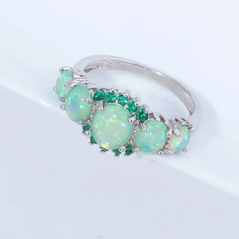 Green Opal Ring CiNily, 5 цветов, роскошное кольцо с огненным опалом, посеребренное овальное кольцо с круглым камнем, кольцо на палец с голубым кристаллом, винтажное ювелирное изделие, подарок для женщин - Цвет основного камня: Green Opal Ring
