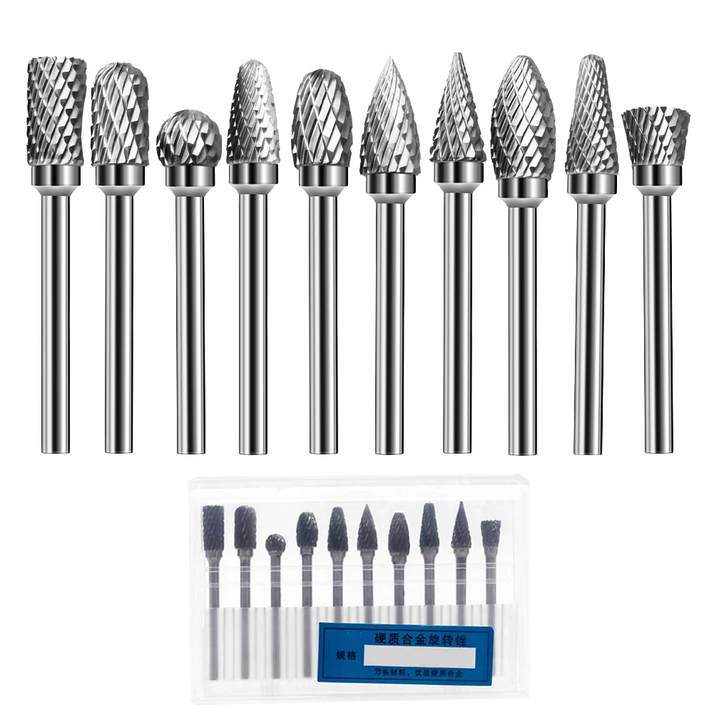 10PCS/SET 6mm shank Tungsten Carbide Rotary burr Set File Kit For Metalworking woodworking Milling Cutter Carving