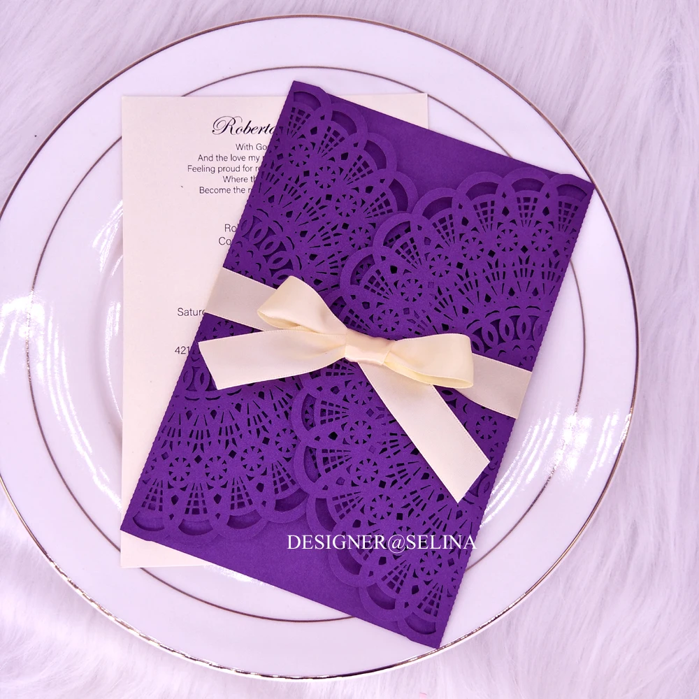 50 шт. элегантные фиолетовые для печати свадебные приглашения с лазерной резкой