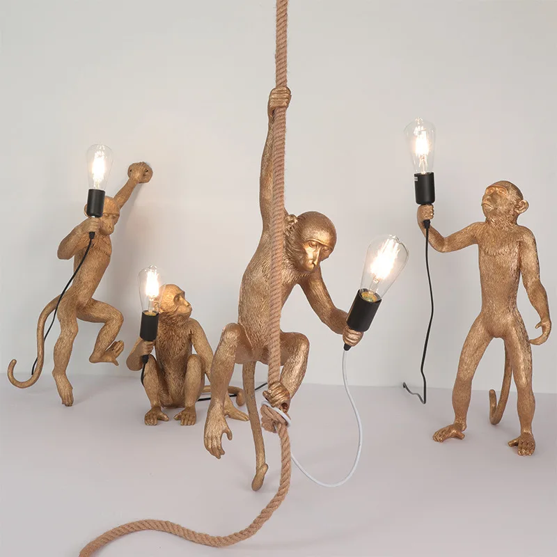 

Lighting Resin Monkey Pendant Lights for Loft Hemp Rope Hanging E27 Lamp Luminaires Bar Cafe Includes E27 Decor Light Fixtures
