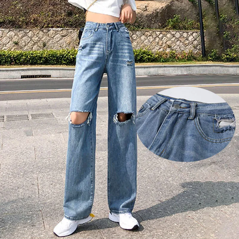 

Ripped High Waist Wide Leg Denim Jeans For Women Distressed Hollow Out Raw Edge Long Pants Baggy Torn Hole Straights Trousers