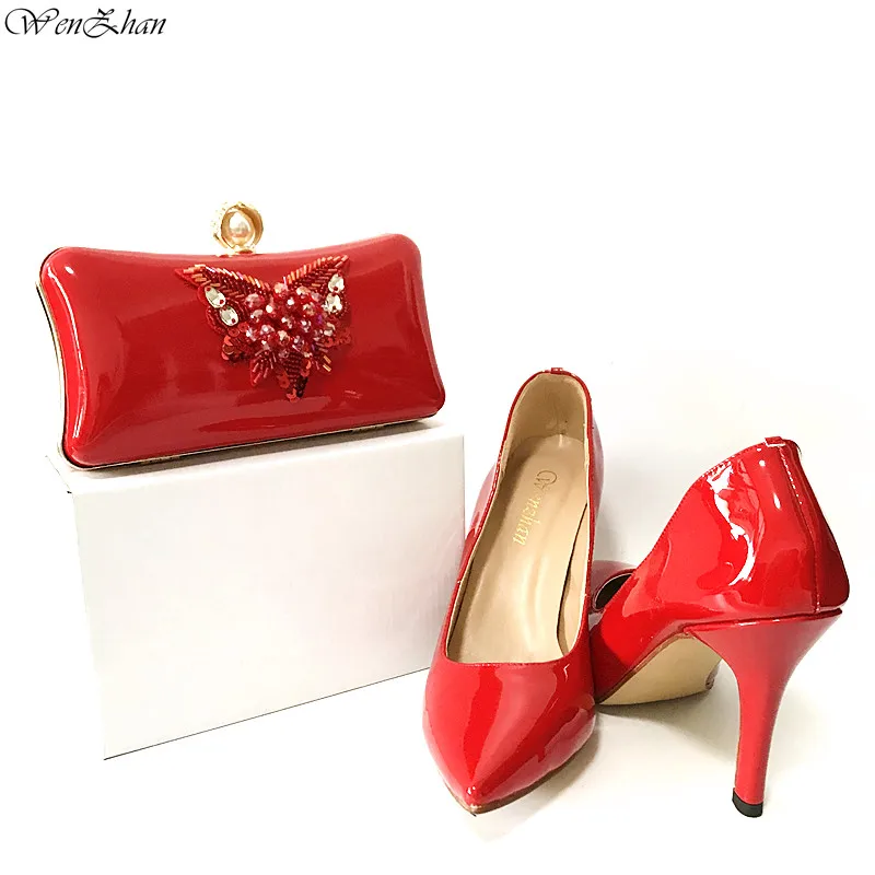 

Wedding Red High Heel Shoes And Bags To Match Patent Leather 10cm Handmade Soft Shoes With Matching Bags For Party 36-43 WENZHAN