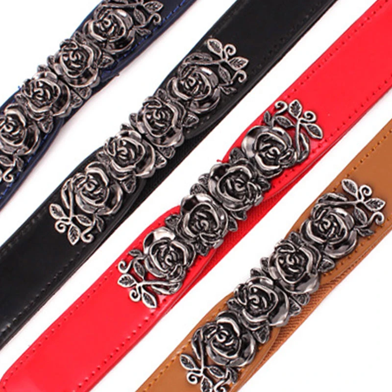 

Vintage Metal Rose Flower Buckle Stretch Cummerbunds Women Thin Belt 65*2.5cm PU Leather Solid Color Waist Belt Strap Waistband