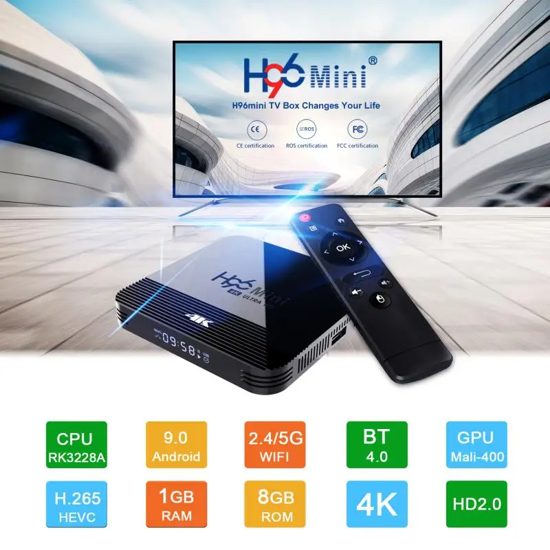 

ТВ-приставка H96 MINI H8, Android 9,0, 8/16 ГБ, четырехъядерный процессор RK3228A, 4K, Wi-Fi, BT4.0, ТВ-приставка, Смарт ТВ-приставка, медиаплеер, вилка для США, ЕС, Ве...