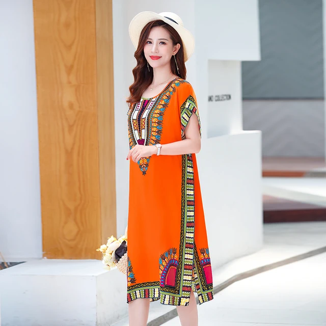 Women's Long Dress Summer Indie Folk Short Batwing Sleeve o Neck Straight Ladies Dresses Midi Split Geometric Print Female 1