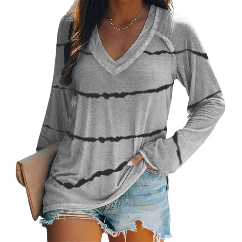 

2021 New Striped Long-Sleeve T-Shirt Women's Top Casual Tie-Dye V-Neck Spring and Autumn Plus Size Women's Loose Clothing S-5XL