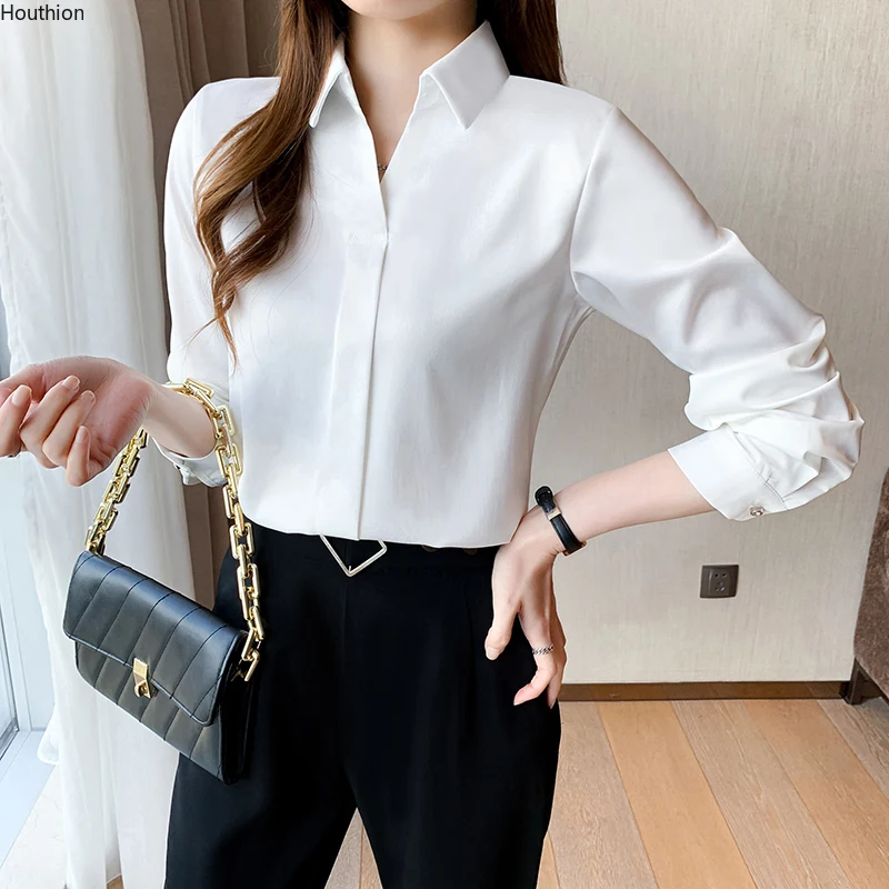 

Summer New Women's Blouse Lapel Shirt Long Sleeve Top Stitching Pure Color Chiffon Casual Fashion Loose Houthion
