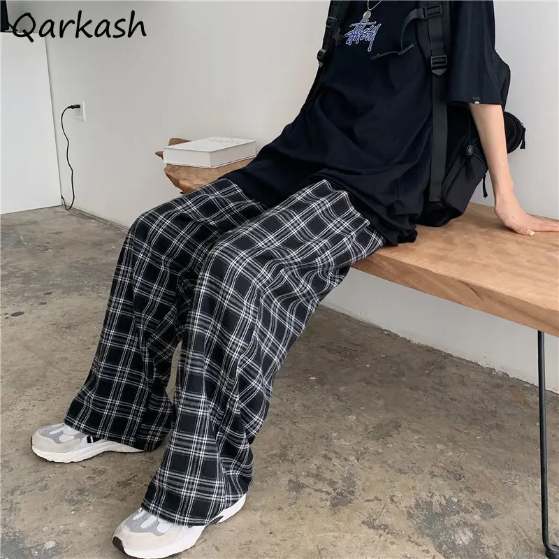 

Casual Pants Women High-waist Wide Leg Summer Plaid Loose Streetwear All-match College Vintage BF Harajuku Black Trousers Chic
