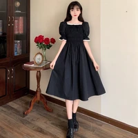 large size female summer new french style square neck puff sleeve waist slimming mid length black dress