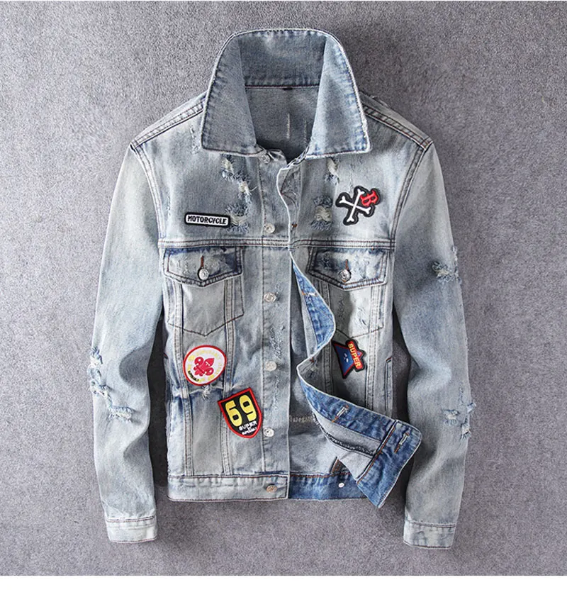 

Men Fashion Streetwear High Quality Retro Ligth Blue Patches Designer Denim Skulls Printed Hip Hop Jackets