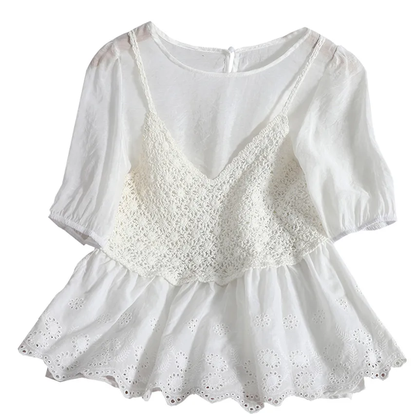 

French Style Elegant Blouse Womens Tops And Blouses Boho Crochet 2 Piece Blusa Mujer Summer Short Sleeve Tee Shirt Femme Tops