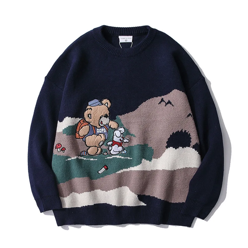 

Japan Style Cartoon Bear Embroidery Harajuku Men Hip Hop Knitted Sweater Loose Casual Women Kpop Pullover Lounge Wear Pull Homme