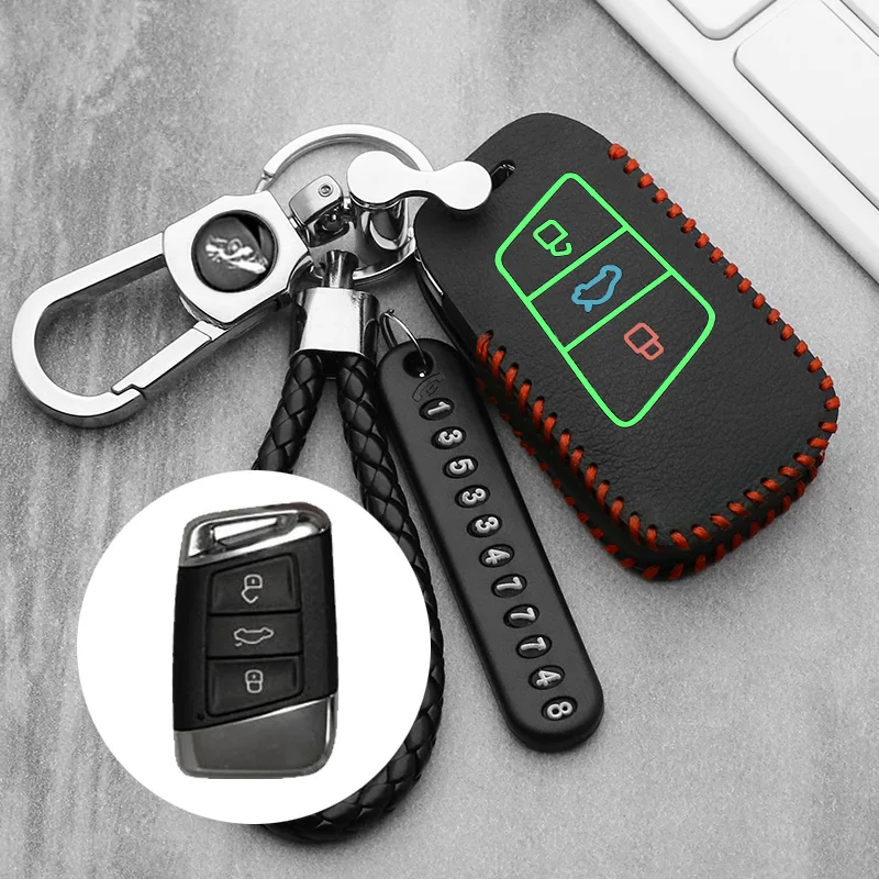 

Luminous Genuine Leather Car Key Remote Cover Case For Volkswagen Tiguan MK2 Magotan Passat B8 CC 2017 2018 For Skoda Superb A7