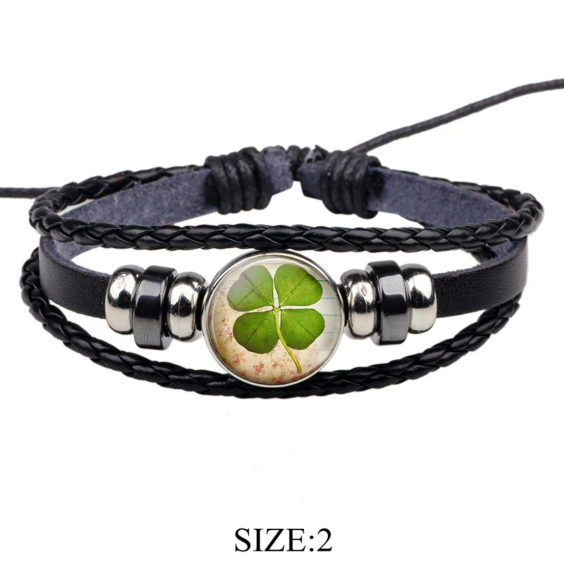 Браслет из черной кожи с изображением клевера на удачу|braided bracelet|leather braceletblack leather