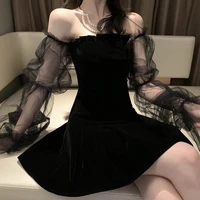 women sexy black off shoulder fairy dress lanter sleeve mesh patchwork velvet mini dress party night club gothic dress female