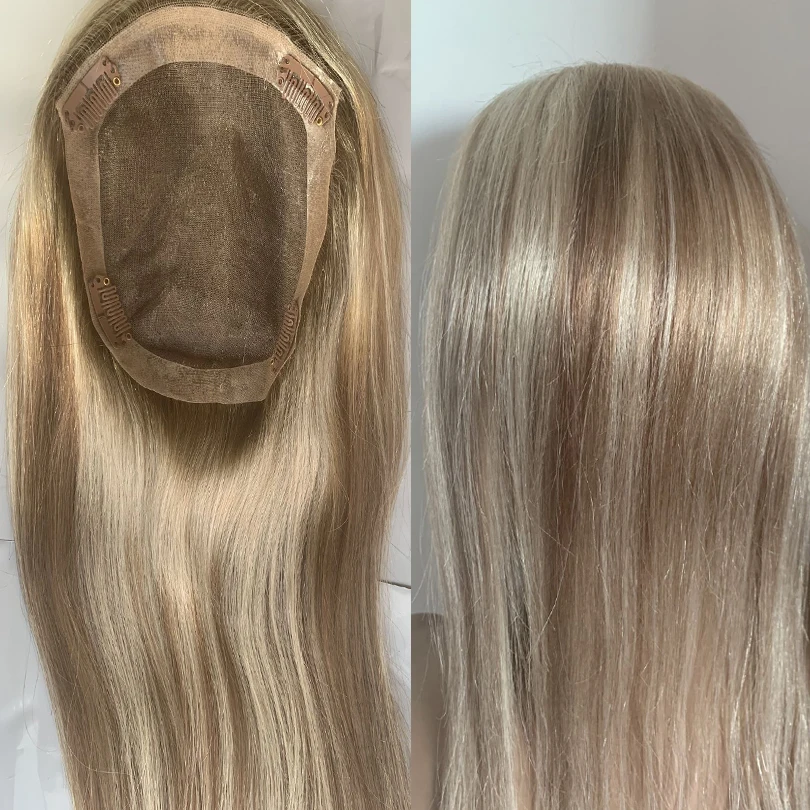 

6"-20'' 8x13cm Highlight Brown and Blonde Color Straight Women Topper European Human Hair Remy Natural Toupee Replacement