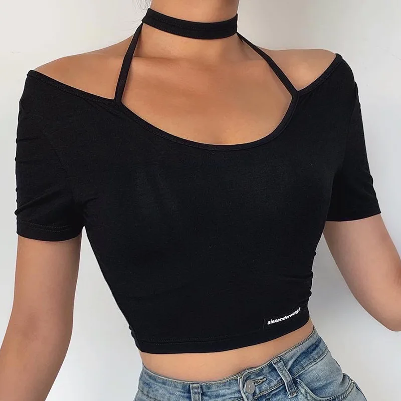 

Летний Модный хлопковый короткий топ с принтом в виде буквы, Повседневная плотная однотонная облегающая футболка для женщин