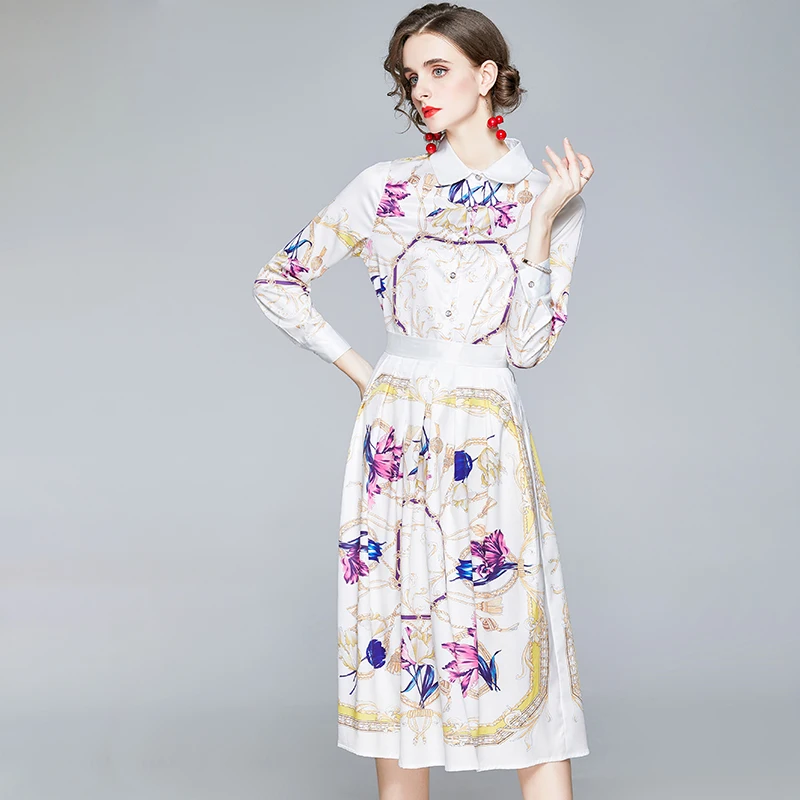 

Qiqi&Queen Women's 2021 Spring 2 Pieces Set Single-Breasted Blouses & High Waist Mid-Calf Skirt French Style Printed Skirt Suit