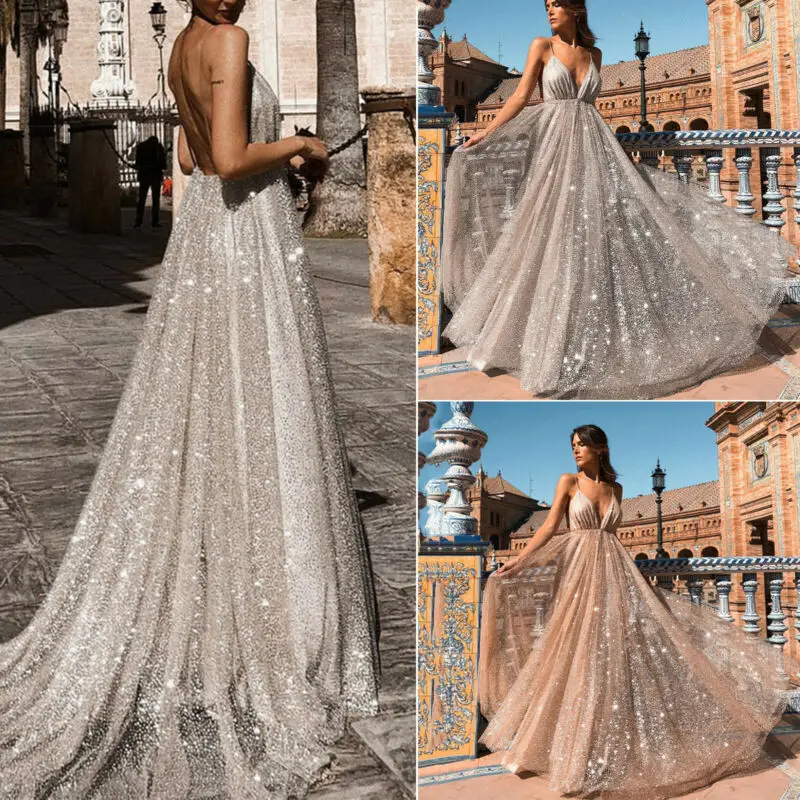 

Women Backless Sleeveless V Neck Long Dress Sparkly Formal Evening Party Gowns