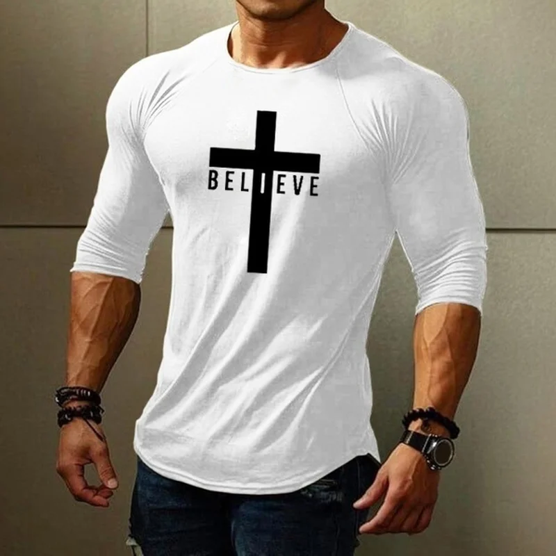 

Mens T Shirts Long Sleeve Cross Graphic Tshirt Slim Gym Fitness Muscle T-shirts Autumn Best Seller Shirt Casual Streetwear Tops