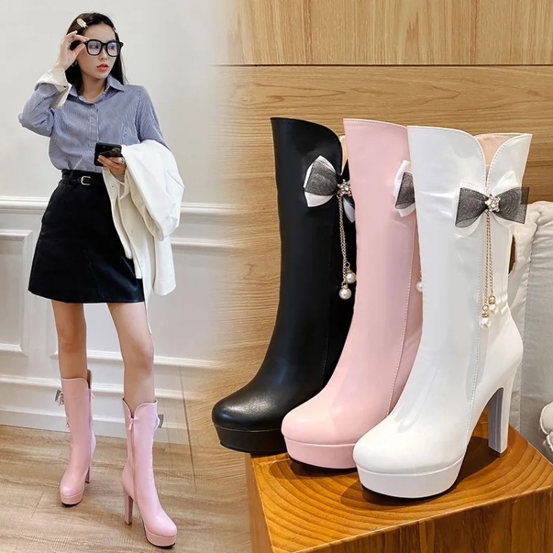 FXYCMMCQ Size 34-43 Bowknot High Heel Boots Waterproof Platform Korean Women's Shoes A-28