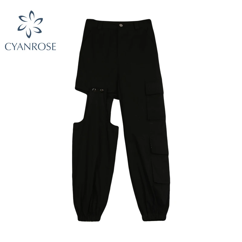Женские уличные брюки карго черные осень 2020 корейский стиль с карманами в стиле