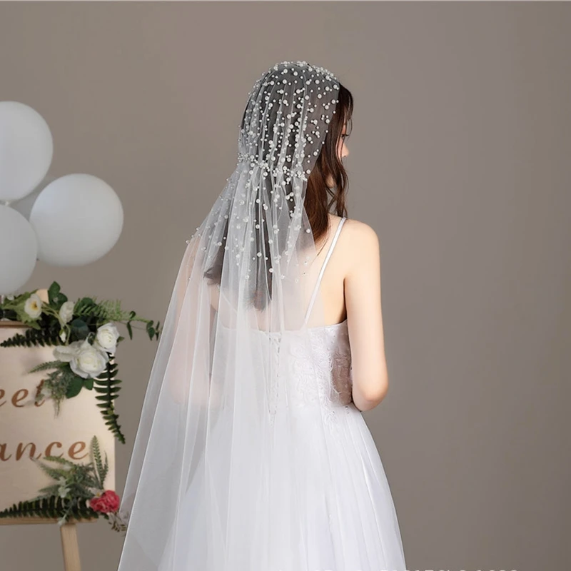

Hot Sale One Layer White Welon Pearls Beading Short 1.5 Meter Long Tocado De Novia Bride Voile Femme Musulman