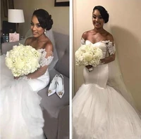 tulle mermaid wedding dresses lace appliques bridal gowns african off shoulder long sleeves plus size robe de marriage