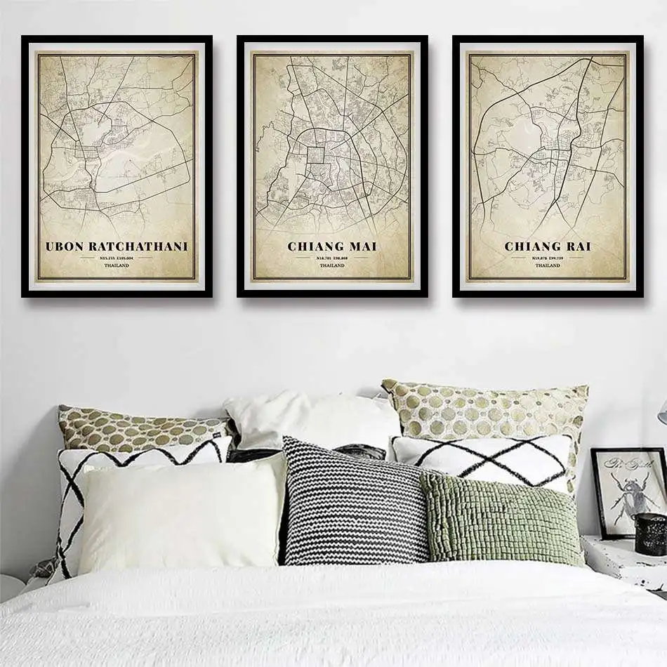 Thailand Bangkok Phuket Chiang Mai Pattaya Chumphon Ratchaburi Vintage City Map Canvas Painting Kraft Poster Coated Home Decor | Дом и сад