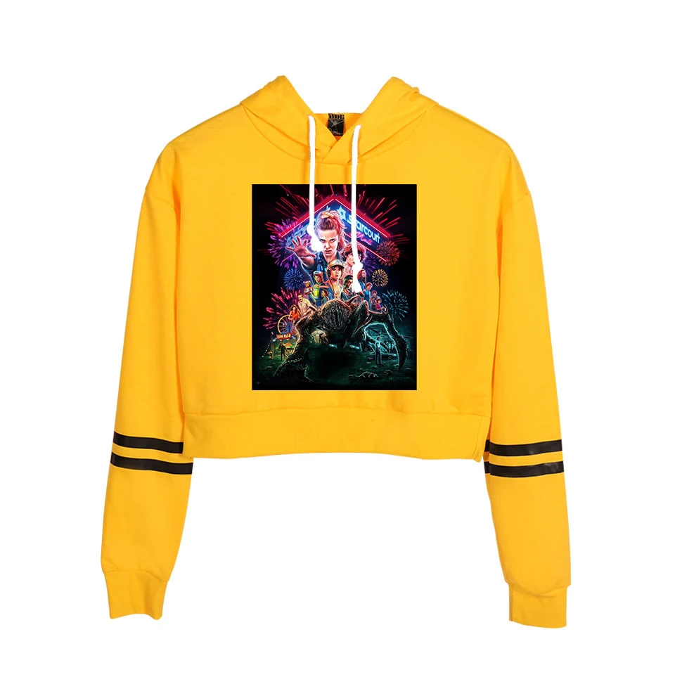 

Stranger Things Hoodie Short Sweatshirt Printed hoodie Casual Cute Crop Spring Autumn Tops Young girl Sexy High Waist Black tops
