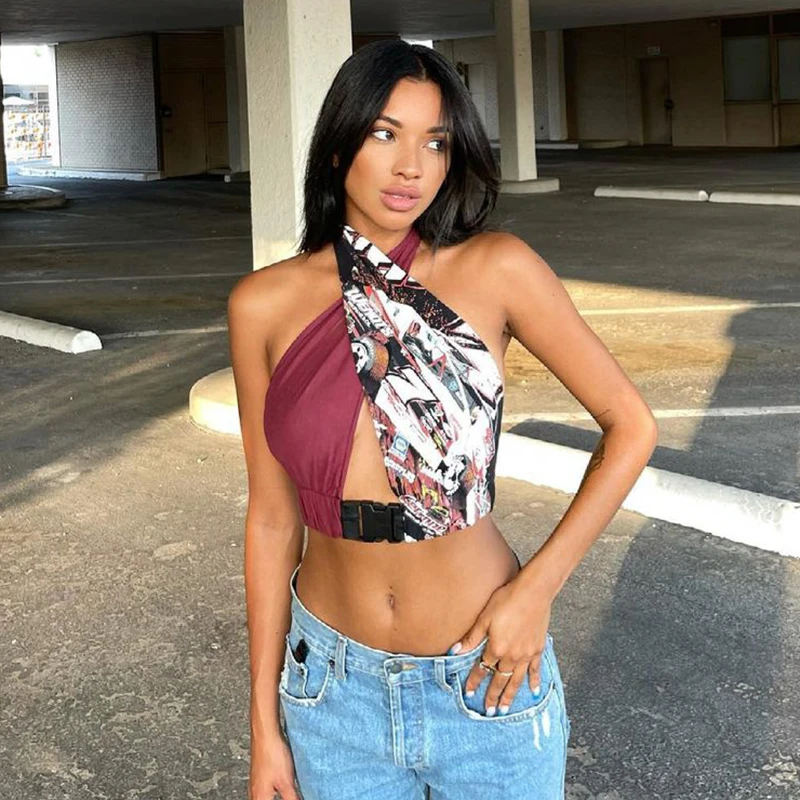 

Print Criss-Cross Halter Camisole Women Sexy Backless Crop Top Vintage Sleeveless T Shirt Night Clubwear Corset Tops Iamhotty