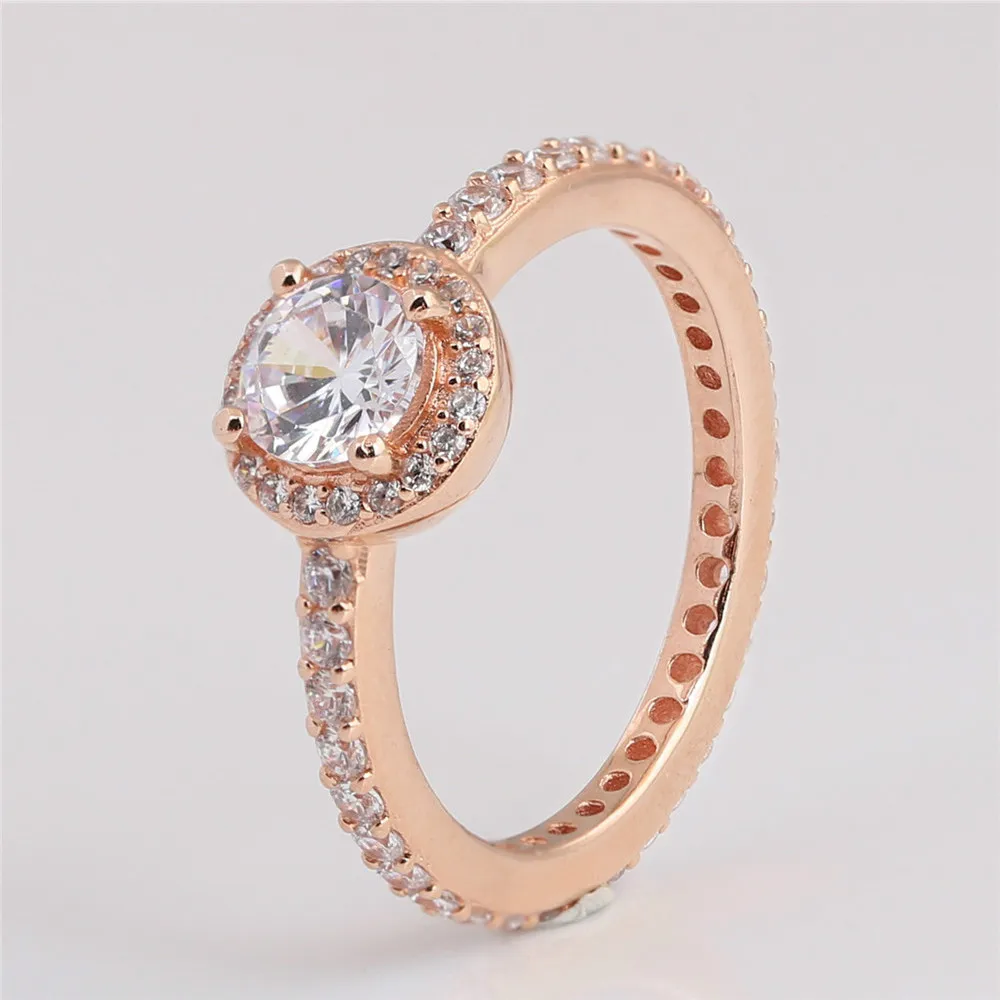 

925 Sterling Silver Pan Ring Rose Pave Classic Elegance With Crystal For Women Wedding Party Gift Fashion Jewelry