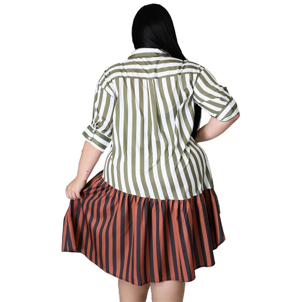 

2021 Neew Stripes Printing Shirt Dress Women Plus Size L--5XL Contrast Colors Patchwork Half Sleeves Ruffles Party Short