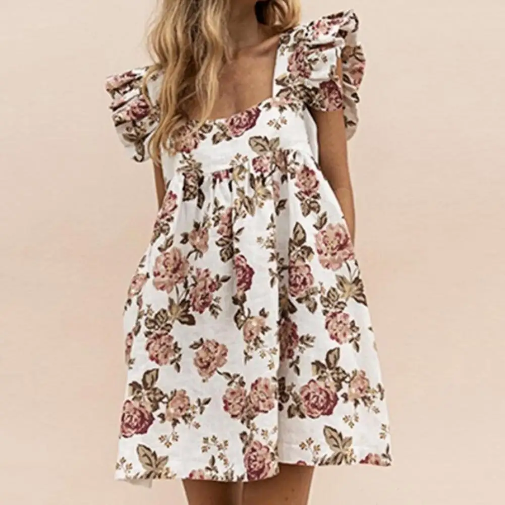 

Женское вечернее платье с квадратным вырезом, элегантное пляжное платье с рукавом-бабочкой и принтом, летнее повседневное свободное мини-п...