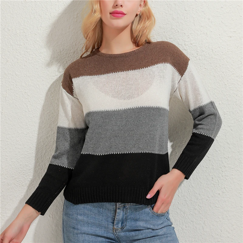 

Autumn Winter New Women Sexy O Neck Sweater Casual Long Sleeve Knitted Jumper 2021 Elegant Patchwork Striped Print Tops Pullover