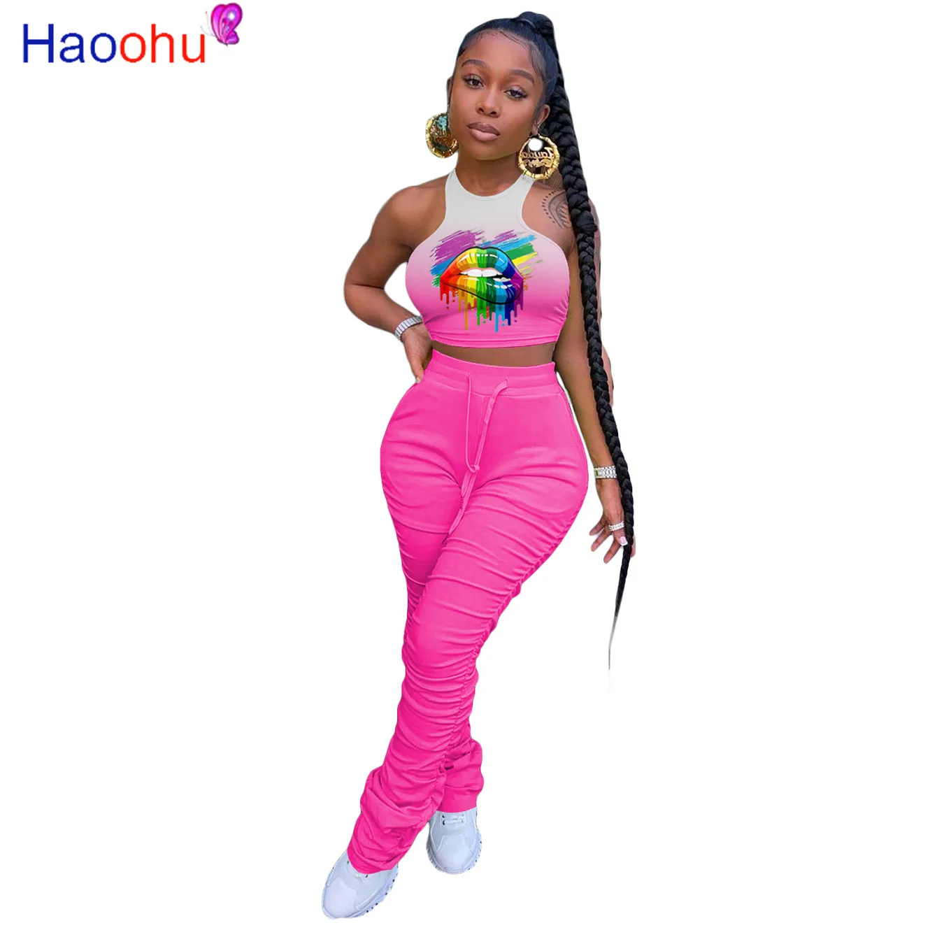 

HAOOHU Sexy Tie Dye Lips Print 2 Piece Set Women Tracksuit Summer Outfits Crop Top Stacked Leggings Sweat Pants Matching Sets