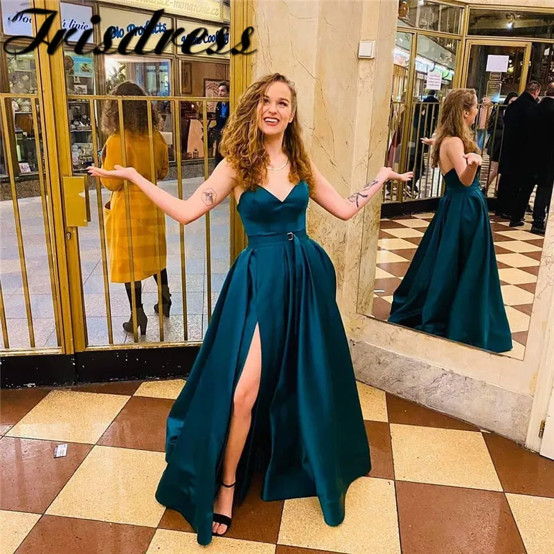 Изумрудно зеленый на Выпускной платья Длинные 2020 высокого Разделение Формальные