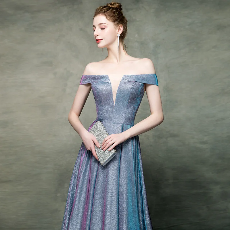 Модное шикарное блестящее вечернее платье Элегантное с открытыми плечами длина