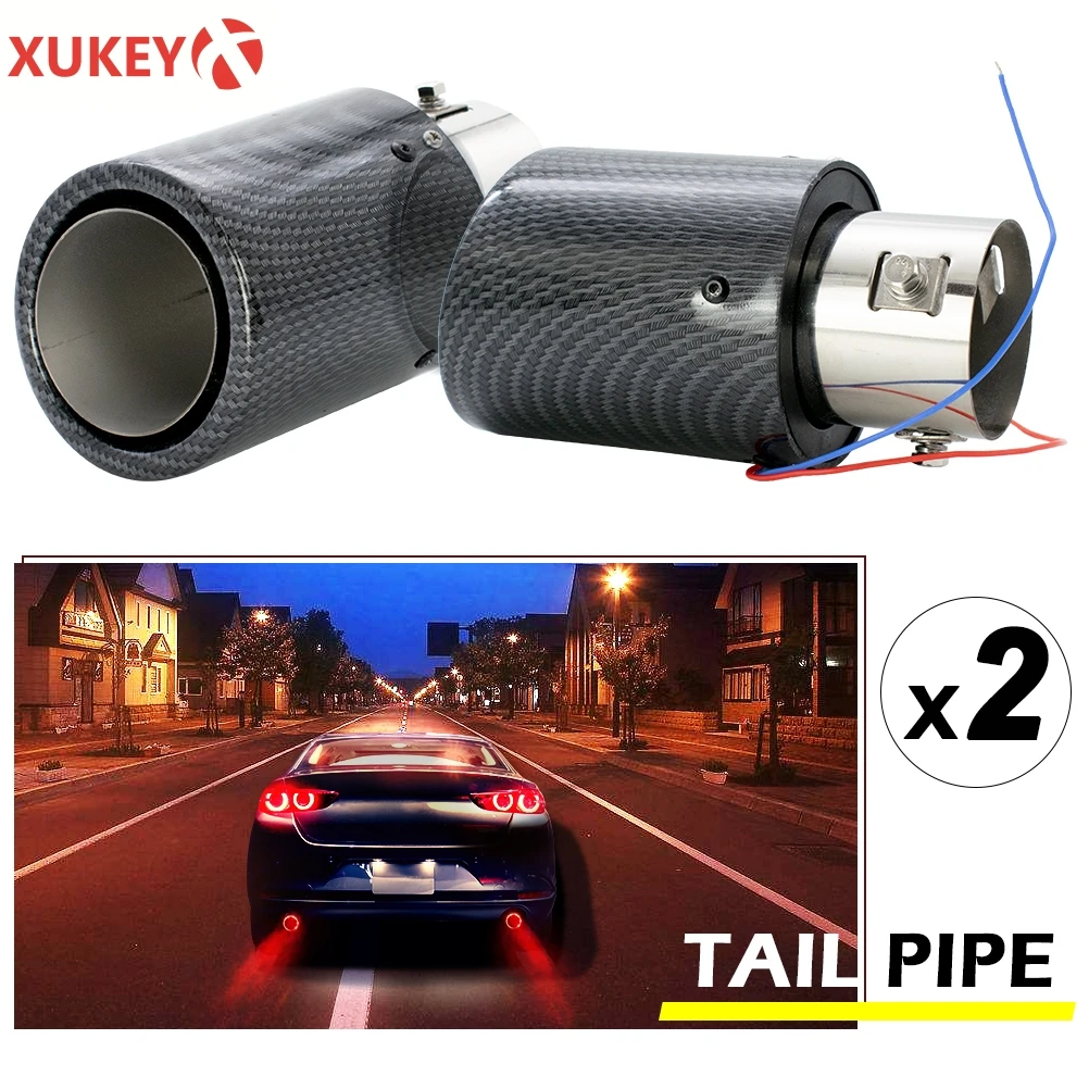 

2PC Universal Car LED Red Light 2.5" 63mm Exhaust Muffler Tip Tail Pipe End Trim Flaming Stainless Steel Carbon Fiber Silencer